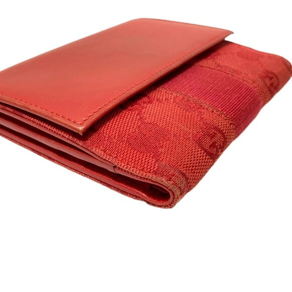 Auth GUCCI GG - Red Leather Jacquard Double-hook Wallet - Picture 6 of 10